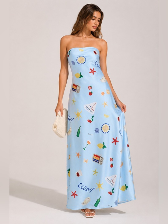 For Love And Lemons Dresses & Skirts - SOLD NWT For Love & Lemons Carla Blue Strapless Printed Satin Maxi Dress Small